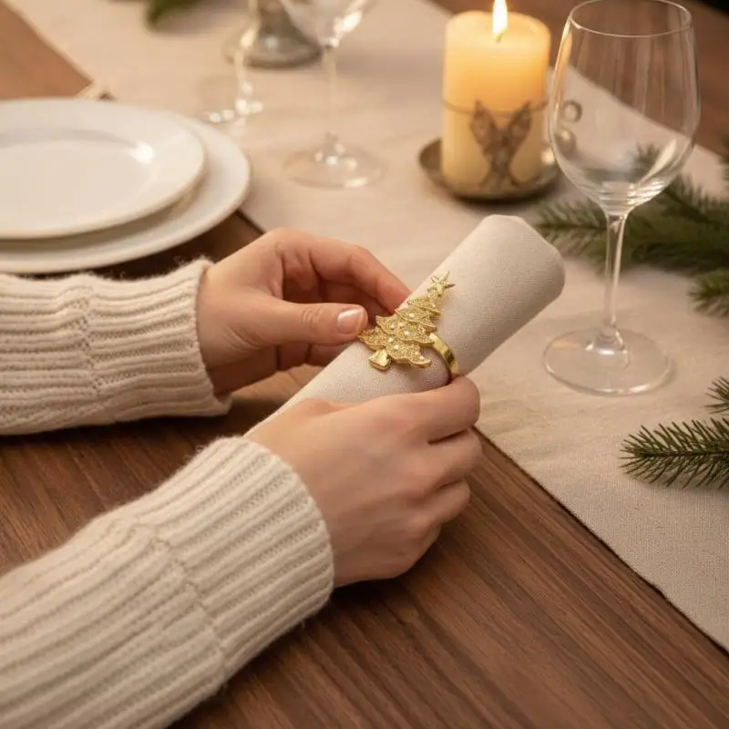 Christmas Napkin Rings Red Accent Xmas Tree Style for Christmas Eve Dinner Table Kitchen Home Decor 1Pcs