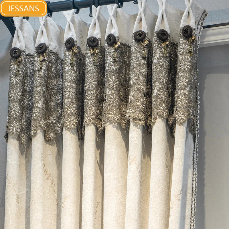 Pastoral Off White Jacquard Chenille Thickened Curtains for Living Room Bedroom Balcony Customized French Window Finished