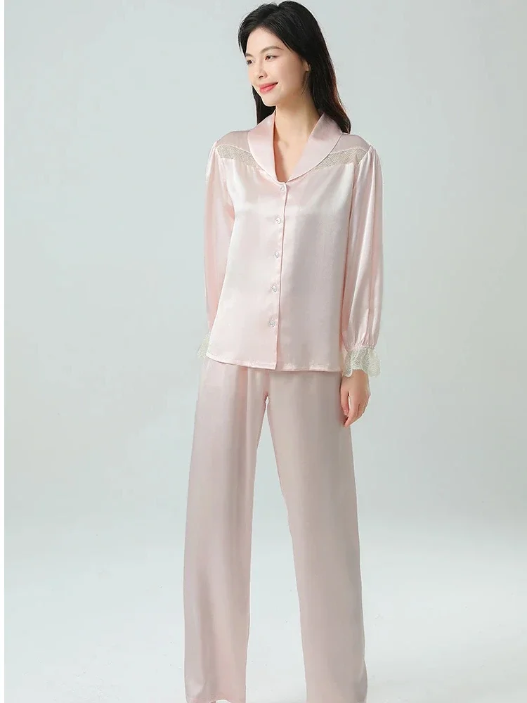 

Женский шелковый пижамный комплект из 100% тутового шелка, мягкая одежда для сна, милый кружевной топ с длинными рукавами и брюками, одежда для дома из 2 предметов, пижамный костюм, пижама