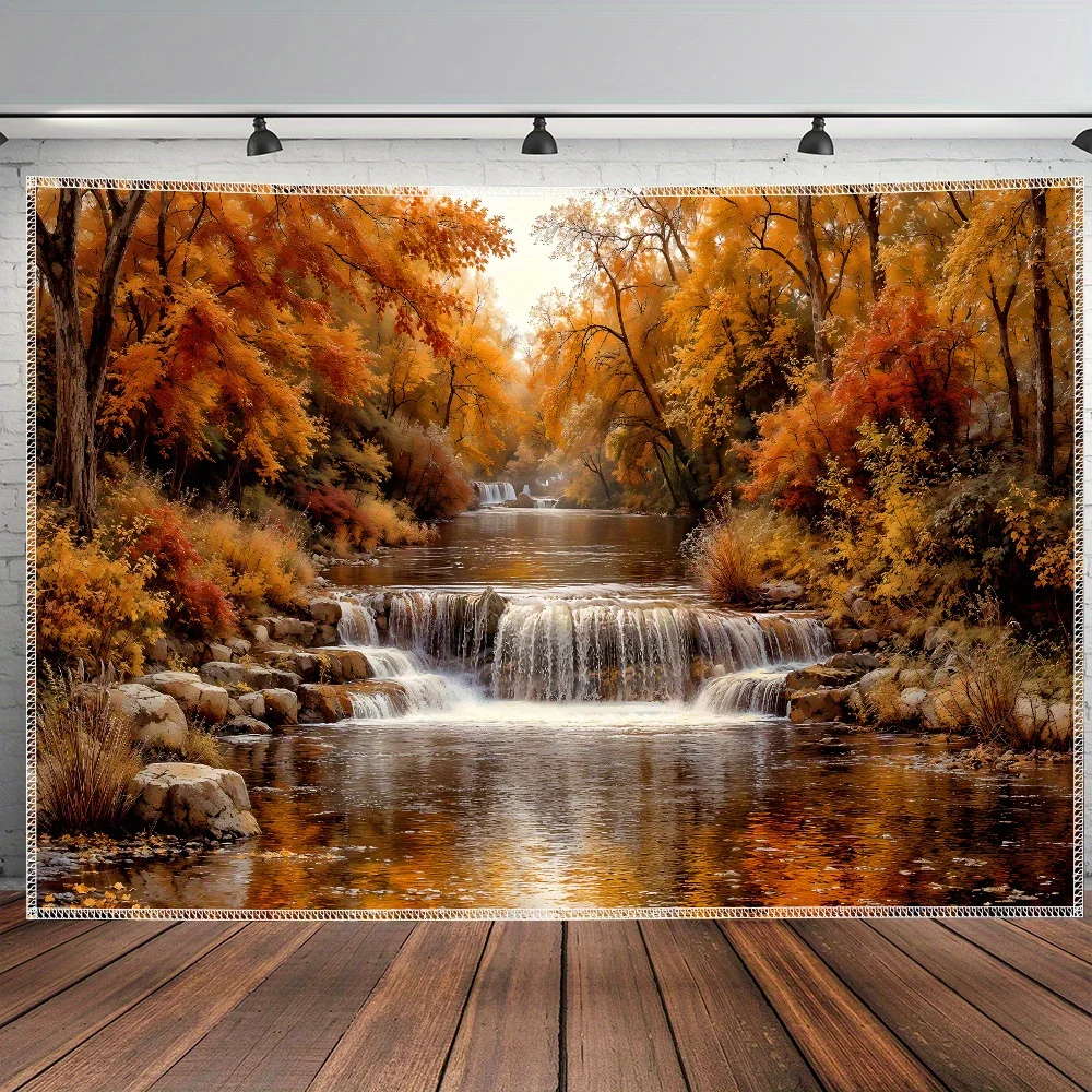 1pc Autumn Forest River Waterfall Golden Leaves 2D Flat Tapestry Backdrop For Living Room Decor Nature Scenery Wall Hanging