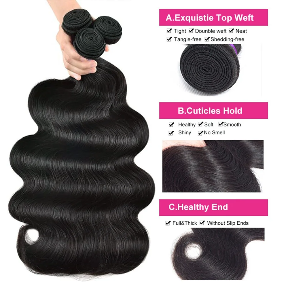 Onda do corpo feixes de cabelo humano cor natural 100% cabelo humano pacotes de cabelo brasileiro fechamento com 1/3/4 pçs tecer perucas de cabelo virgem