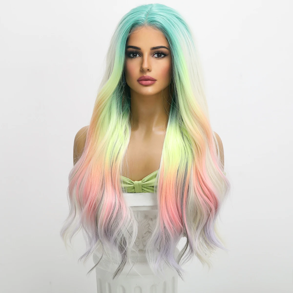 26in Daily Women's Party Wig Fashionable Rainbow Long Curly Hair Cos Forehead Lace Big Wave Sexy Wig