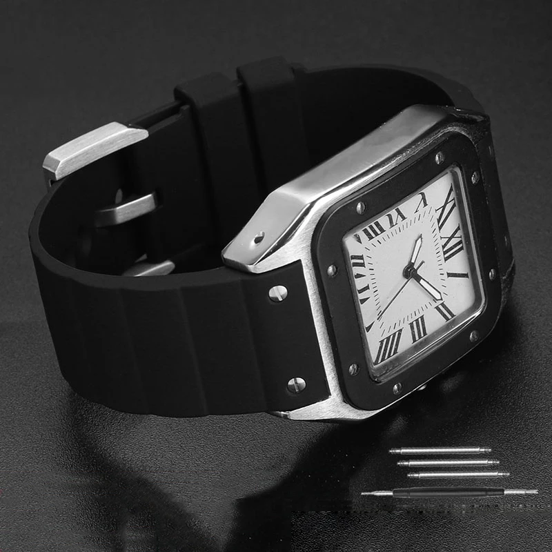 까르띠에 산토스 산도스 100 고무 시계 스트랩, 실리콘 시계 스트랩, 남녀공용 블랙, 23mm