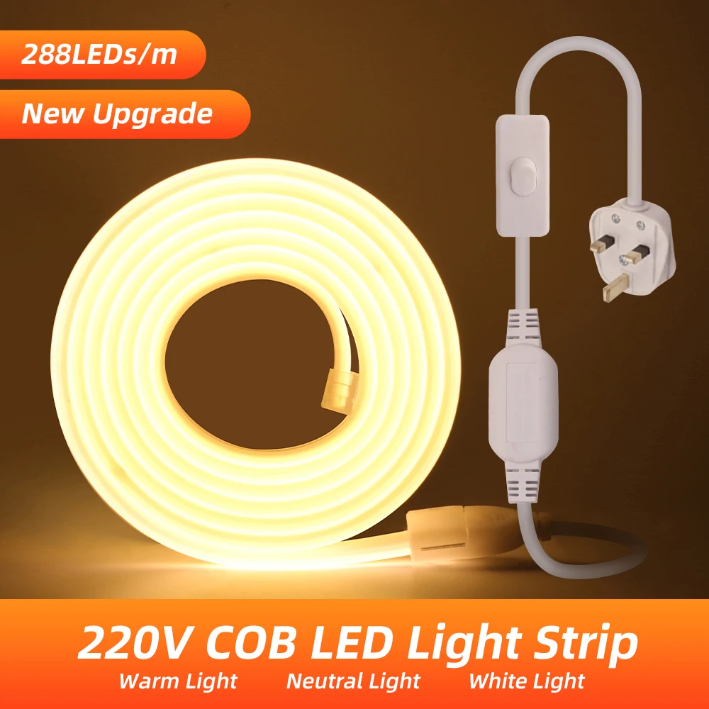 

220V Neon LED Strip Super Bright COB LED Light 288LEDs/m Flexible COB Light 3000K 4500K 6000K Outdoor Waterproof LED Light+ Plug