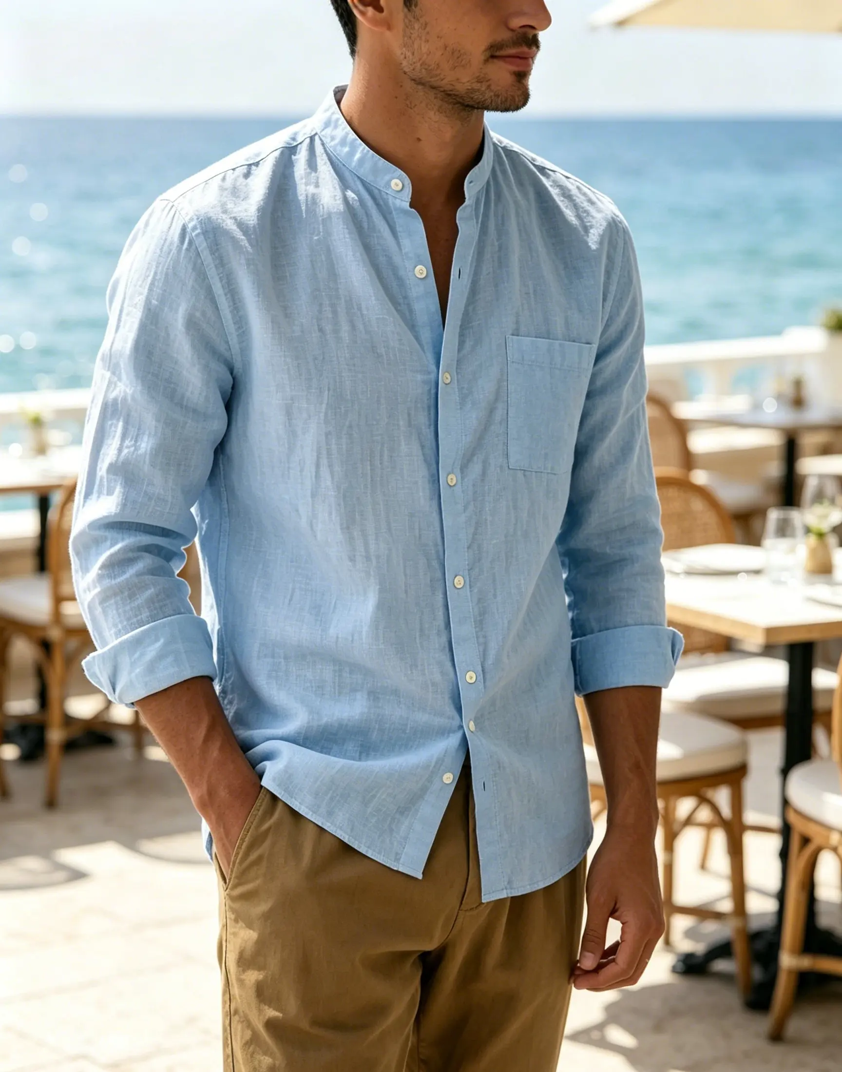 Minimalist Men's White Linen Button-Down Shirt, Stand Collar, Modern Office & Weekend Essential