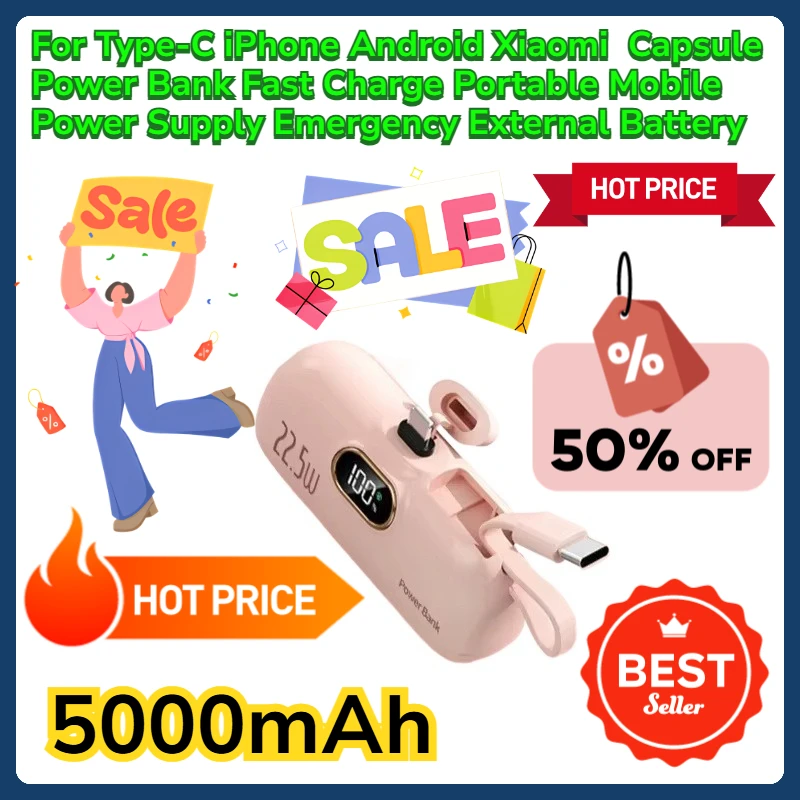 

For Type-C iPhone Android Xiaomi 5000mAh Capsule Power Bank Fast Charge Portable Mobile Power Supply Emergency External Battery