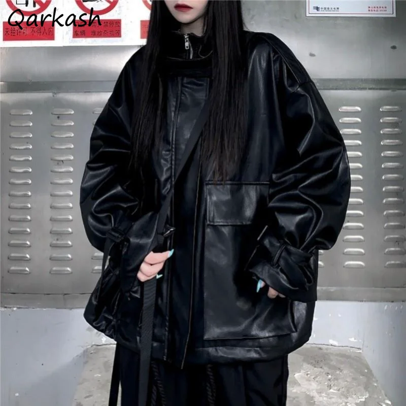 Kurtki damskie Vintage Pu Faux Leather Design Drawstring Studenci Koreański styl Wiosna Luźna odzież wierzchnia na wszystkie mecze Odzież z dużą kieszenią