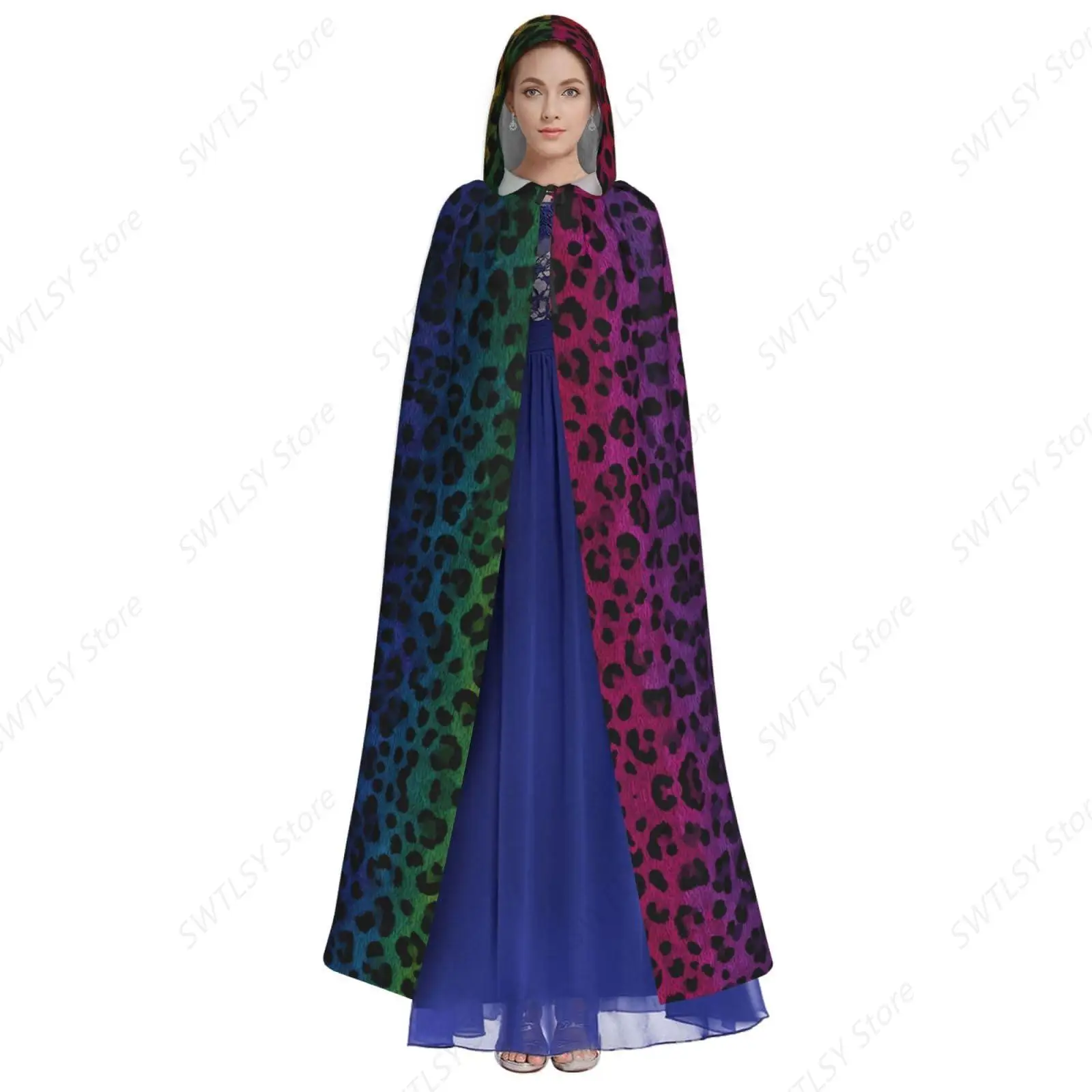 Colorful leopard print Halloween adult hooded cape, suitable for Halloween, role playing, masquerade, theme party, carnival