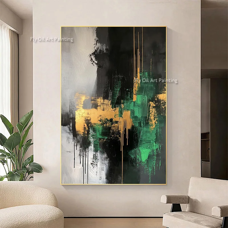 Black White Green Abstract Thick Oil Painting On Canvas Hand Drawn Blue And Gold Foil Thick Canvas Wall Art For Room Decor