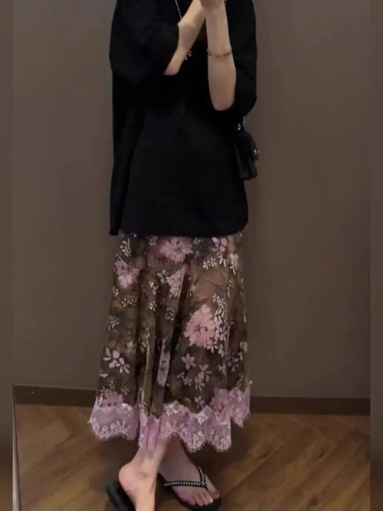 Elegant Summer New Fashion All Match Long Skirts Y2k Spliced Lace Flower Print Office Lady Women Jupe French Harajuku Skirt