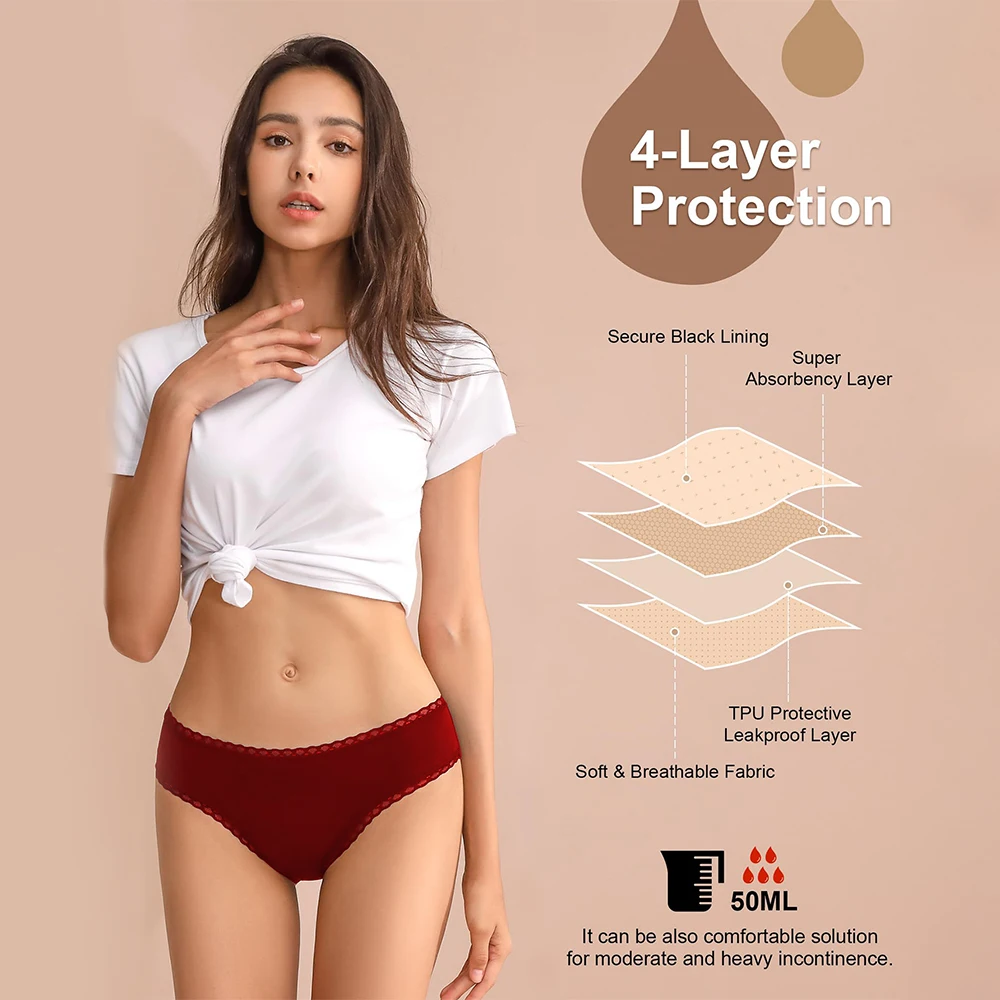 EcoPeriod 5-Pack Women's 4 Layers Leakproof Panties Heavy Flow Period Underwear Cotton Bikini Menstrual Panties