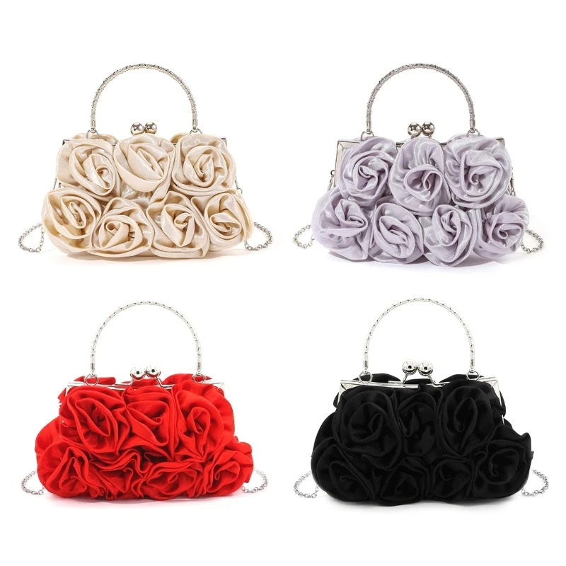 Luxury Satins Handbag with 3D Rose Floral Details Women's Evening Clutch Purse