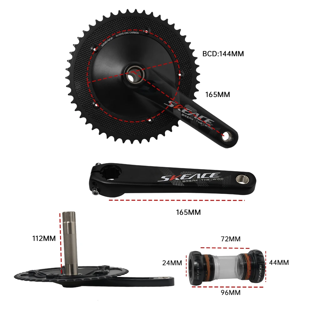 SKEACE Break The Wind Hollowtech Crankset, Fixie Crank, Fixed Gear Bike, Track Bicycle CNC Carbon Chainwheel, 49T, 165mm, 144BCD