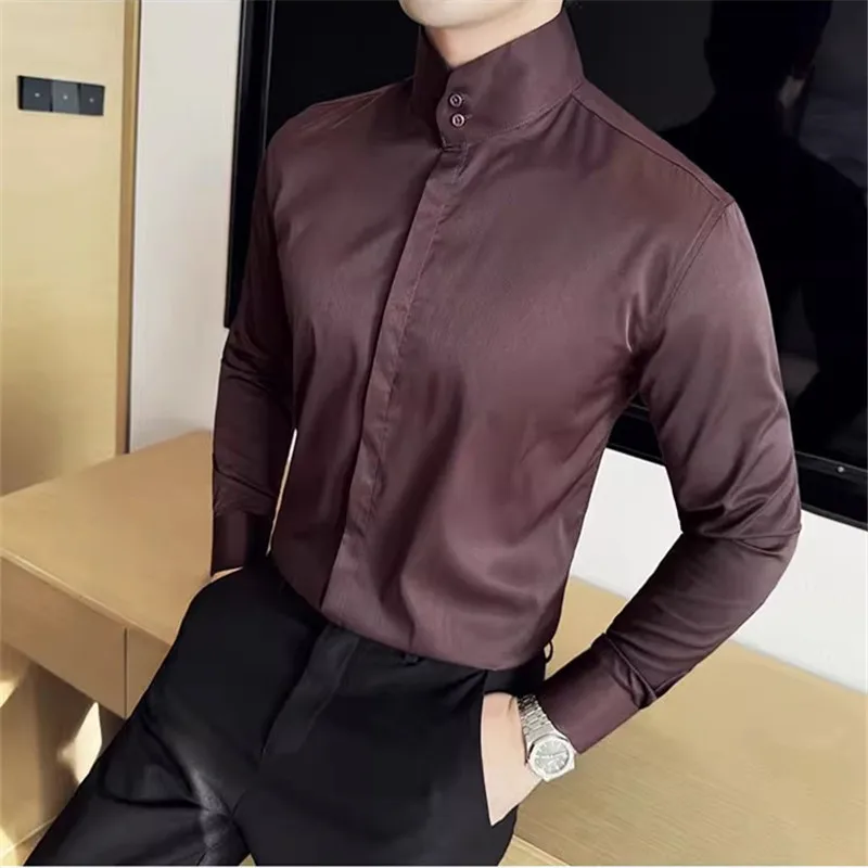 Fashion High collar Shirts Men Spring Autumn Solid Color Long Sleeve Korean Style Smart Casual Shirts Mens Slim Fit Stand Shirt