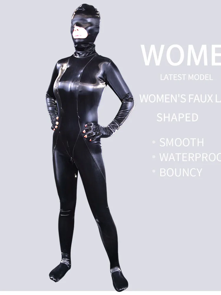 

Wet Look Catsuit Shiny Elastic PU Leather Bodystocking Zipper Open Crotch Bodysuit Tights Full Coat Zentai Cosplay Costume Body