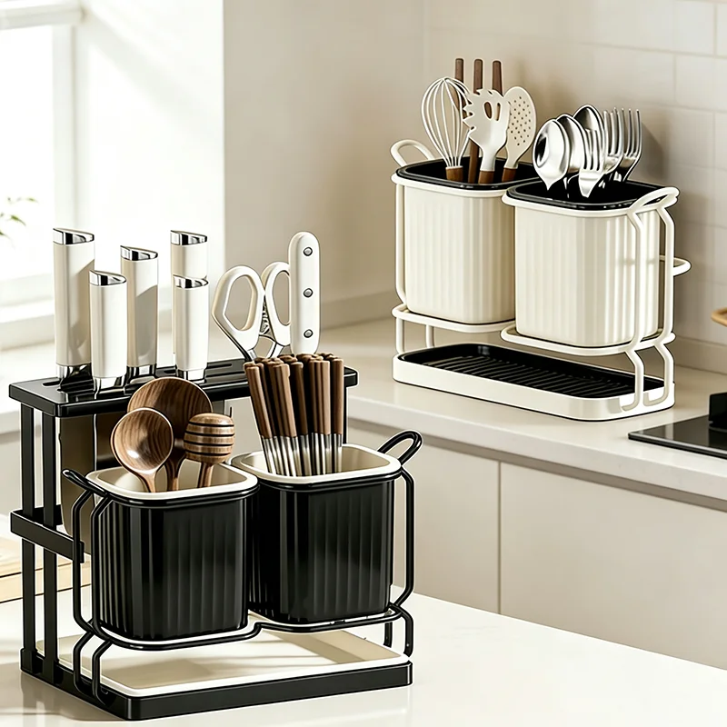 Carbon Steel Kitchen Utensil Holder Cute Cat Pattern Counter Storage Rack Detachable Daily Cooking Knives Forks Spoon Chopsticks