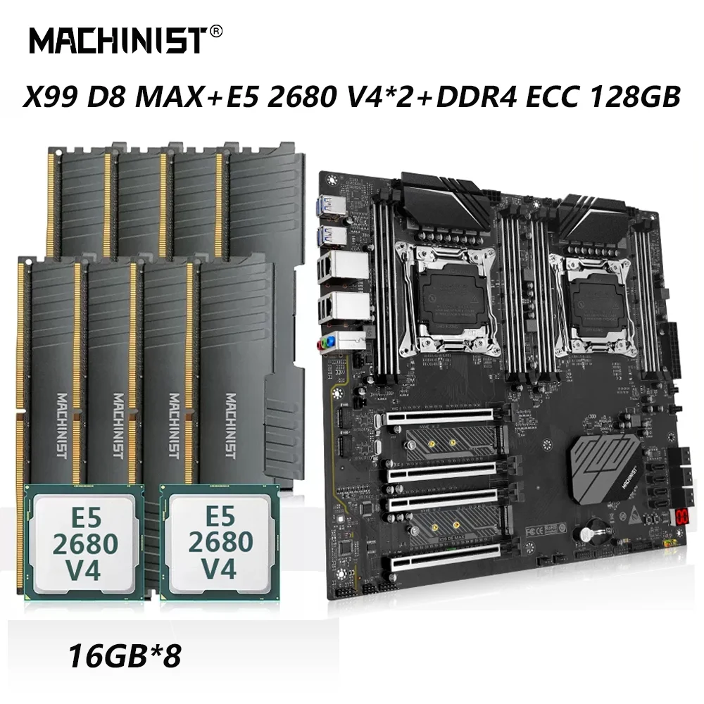 MACHINIST-placa base X99 D8 MAX LGA 2011-3, Kit de CPU Dual, procesador Xeon E5 2680 V4 * 2, 128G = 16G * 8 DDR4 ECC RAM, ocho canales