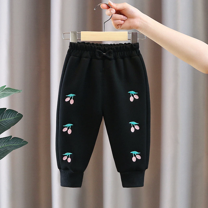 Infant Baby Winter Pants Embroidery Bow Elastic Waist Thick Warm Fleece Girls Casual Sport Pants Kids Girl Trousers