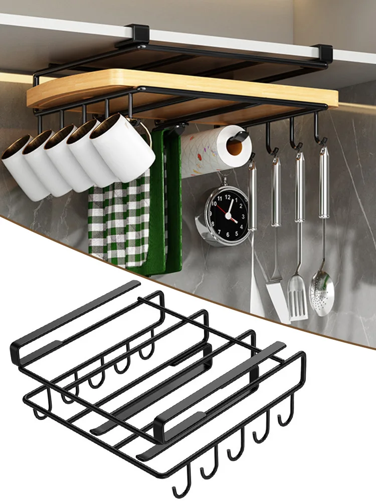 Kitchen Hanging Organizer Rack with Hooks Under Cupboard Paper Towel Rags Hanger Cutting Board Pot Cover Holder Storage Shelf