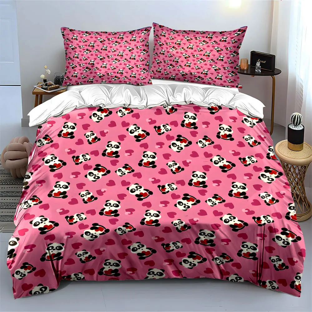 Pink background pandas and hearts Bedding Set for Kids Luxury Gift 3pcs Digital Print Comforter Set Soft Comfortable Breathable