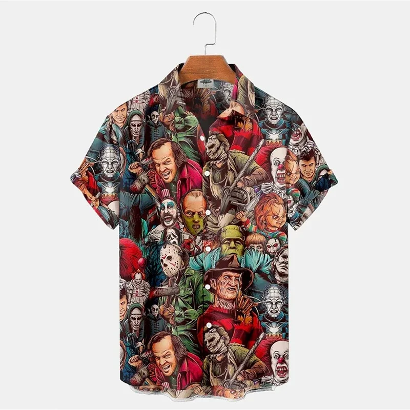 Camisa de terror para hombre, camisa con estampado 3D de película, solapa transpirable, Tops informales de una sola botonadura para playa, ropa de manga corta para verano