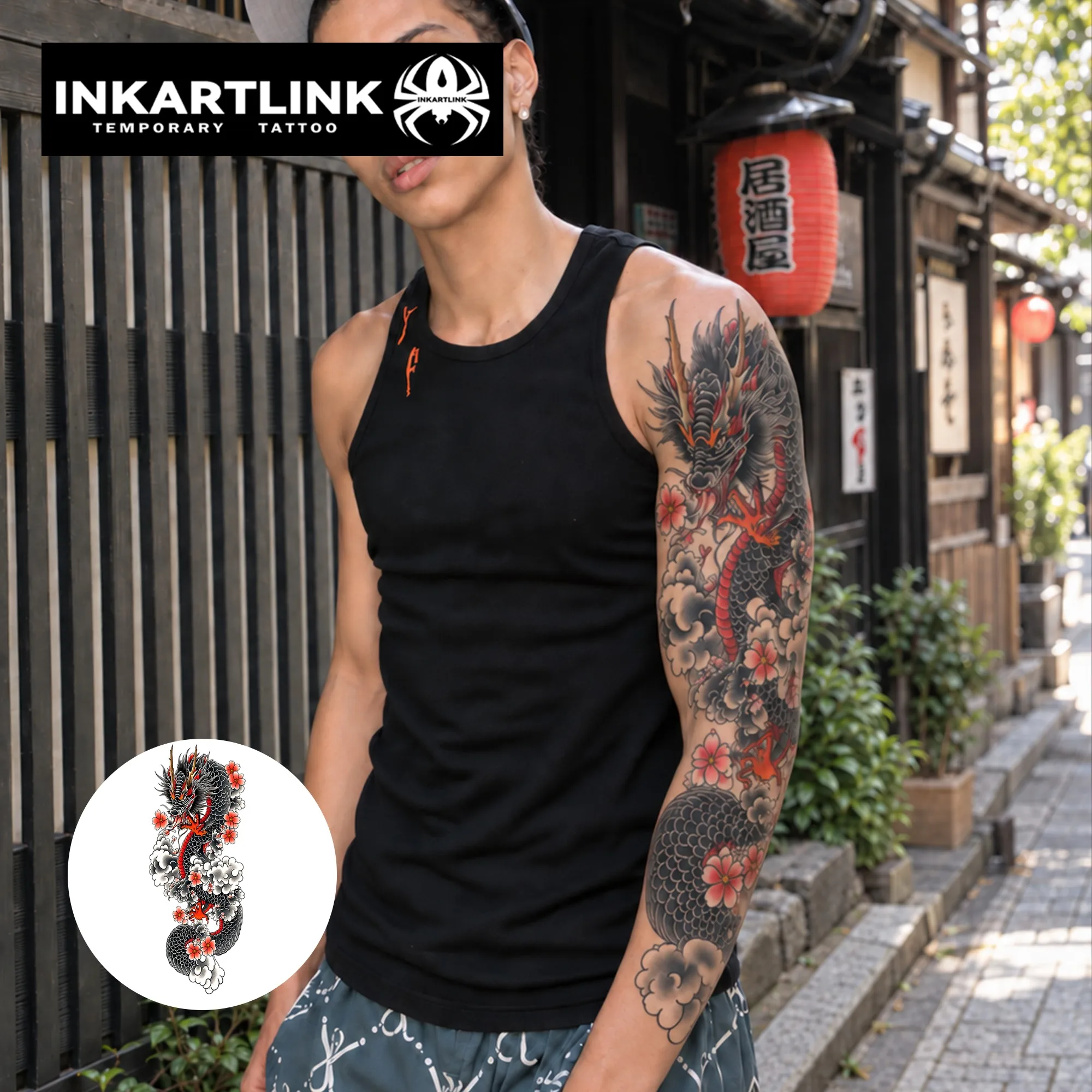 INKARTLINK 1PC Herbal Japanese Dragon Tattoo Lasts 2-5 Days, Unisex for Parties, Daily Wear & Irezumi Style