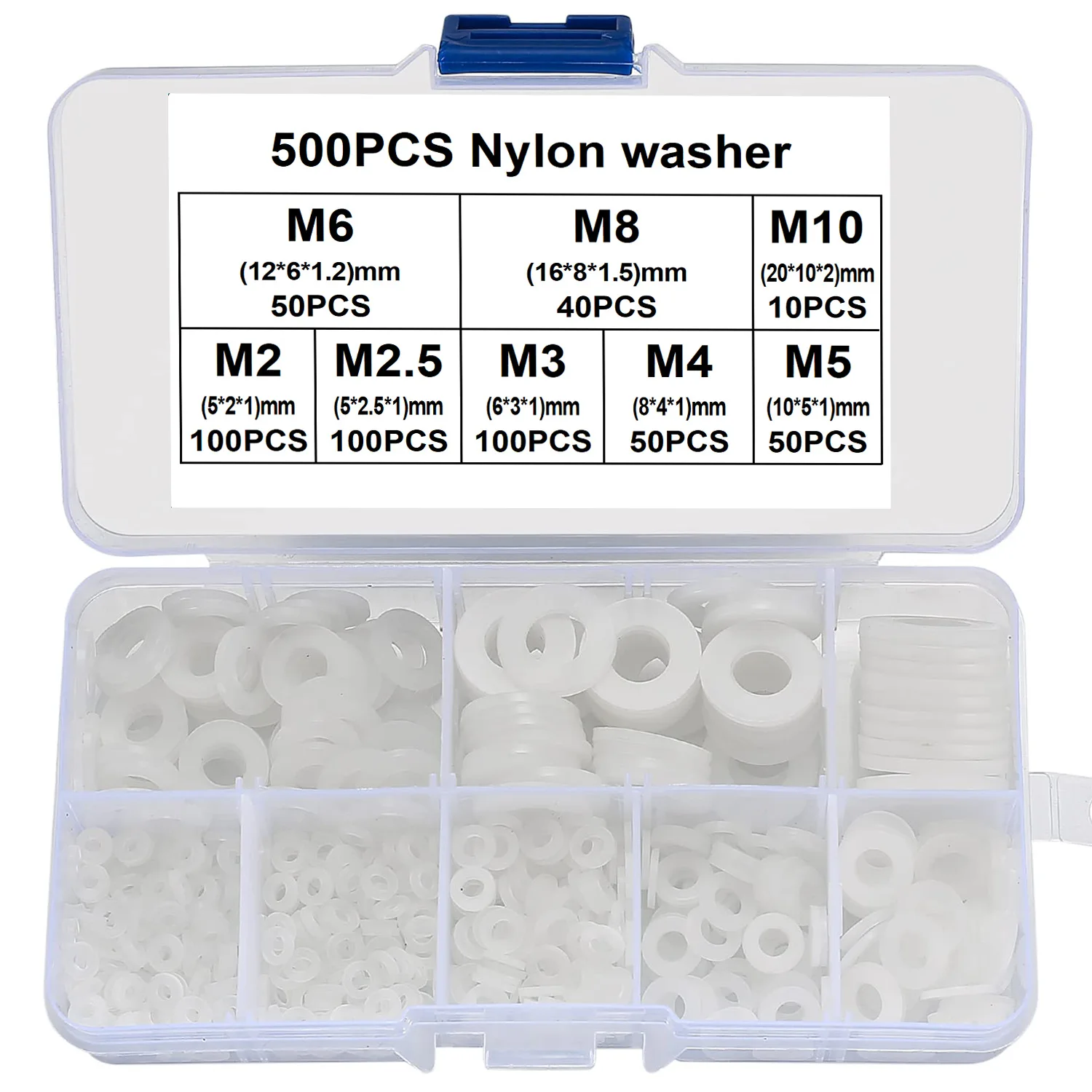 

500pcs rubber Plastic Nylon Flat Washer Assortment Kit Spacer Insulation Gasket Ring M2 M2.5 M3 M4 M5 M6 M8 M10 Mix Set Box