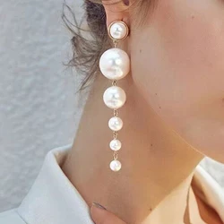 Chunky Imitation Pearls Long Dangle Earrings for Women Statement Jewelry Vintage Wedding Party Drop Earrings Golden Silver Color