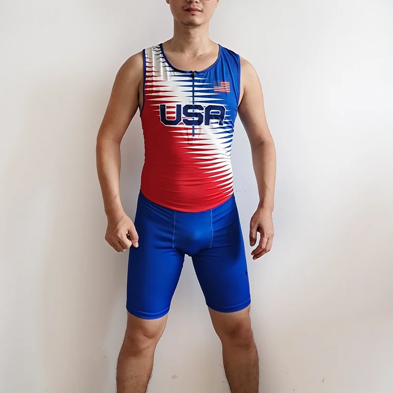 2023 Tokyo USA Sleeveless Tights Man Track & Field Fast Running One Piece Suit Leotard 4*100 Speedsuit Outfit Customizable