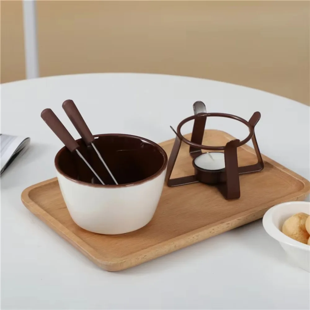 Ceramic Chocolate Cheese Fondue Cup with Fork Glazed Surface Tea Light Candle Butter Warmer Heat-resistant Ventilated