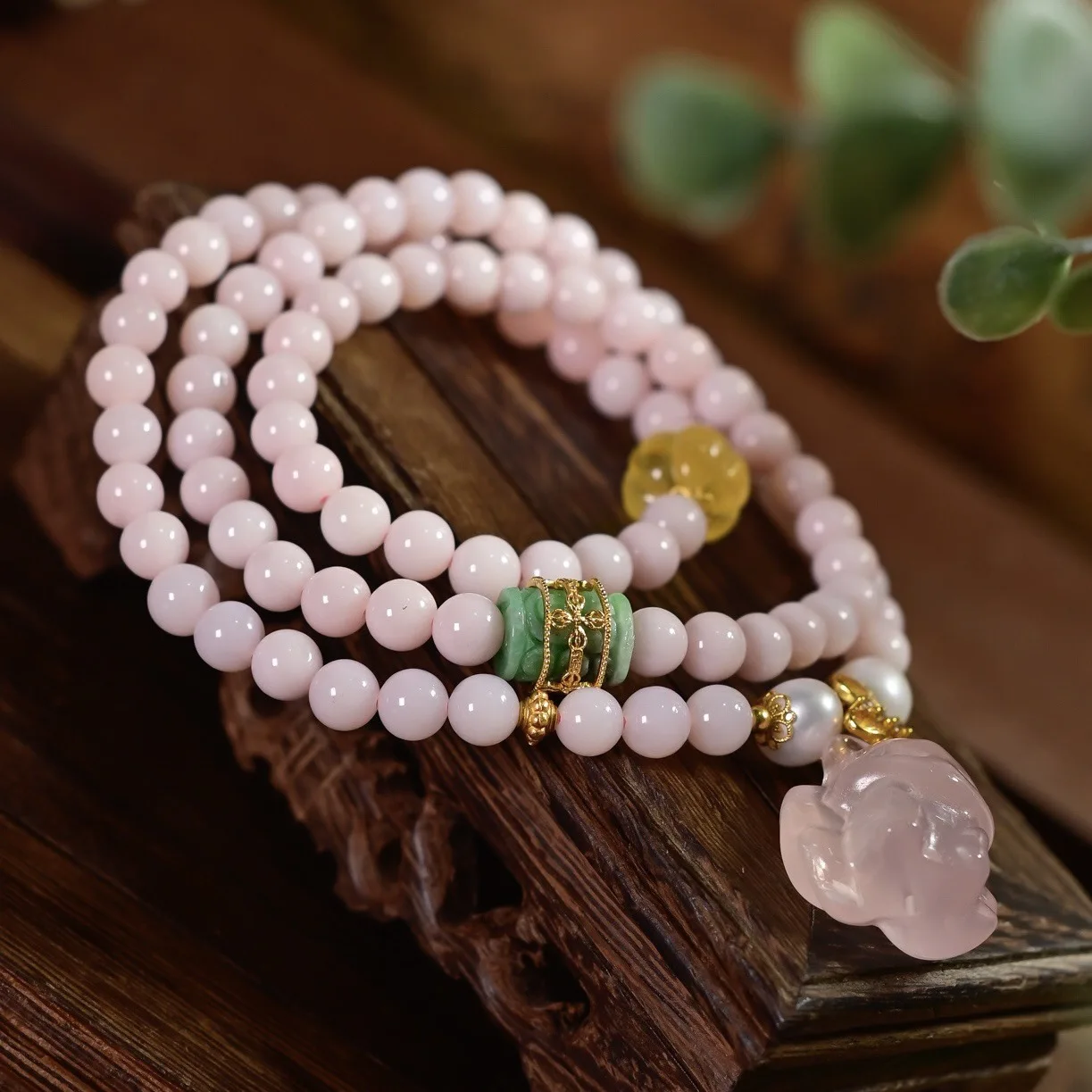 Natural Pink Opal Bracelet, Pink Quartz Carved Nine-Tailed Pendant, Jadeite Carved Golden Amber Beads, Healing Crystal Jewelry