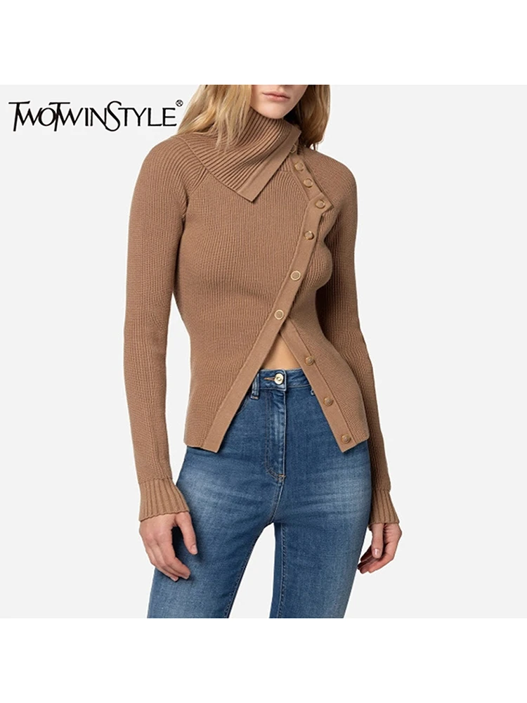 

TWOTWINSTYLE Solid Asymmetrical Knitting Sweater For Women Lapel Long Sleeve Patchwork Button Slimming Sweater Female Autumn New