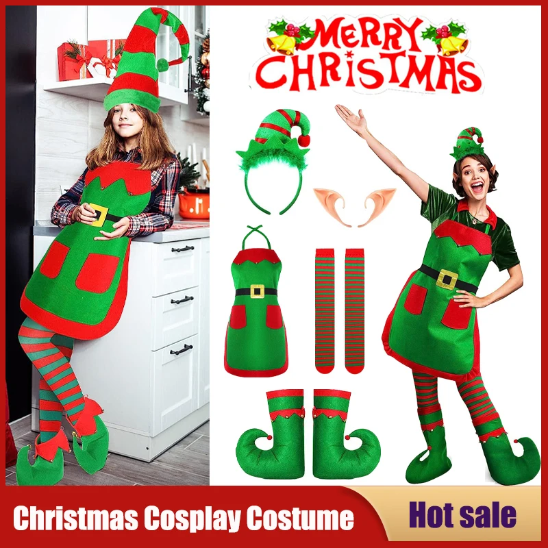 

Women's Christmas Costume Elf Ear Apron Dress Hat Shoes Striped Stockings Cosplay Outfits Carnival Party performance Xmas Gift