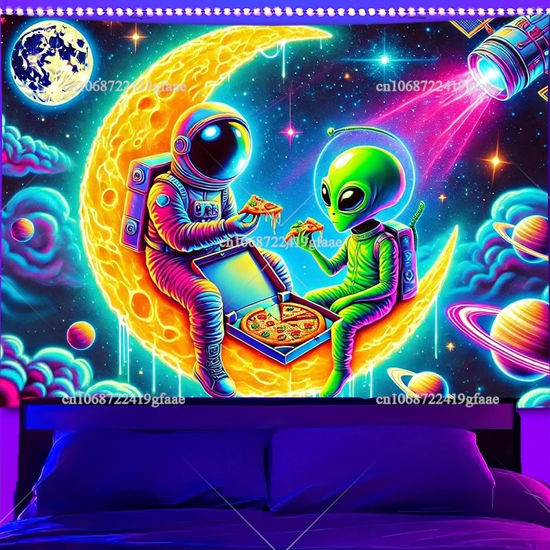 Tapiz de luz negra de Pizza extraterrestre de astronauta de neón, tapiz luminoso de galaxia brillante reactivo UV, decoración estética para habitación, carteles artísticos