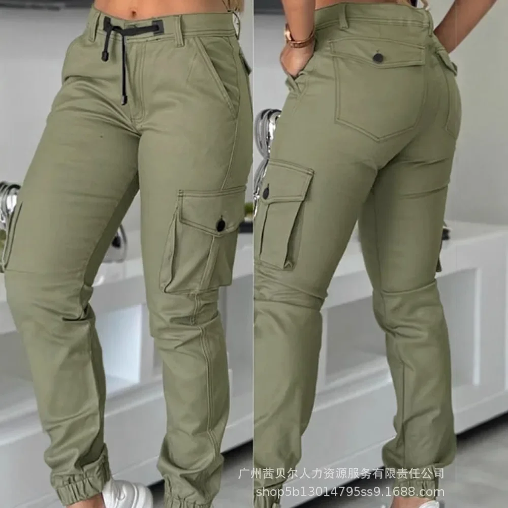 Women High Waist Multiple Pockets Design Cuffed Cargo Pants Slim Fit Trousers Pants Y2K