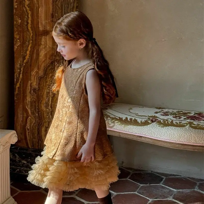Lace Puff Dress Kids Slip Dress 2026 Spring and Summer New Solid Color Fashion Style Sleeveless Clothes Girls