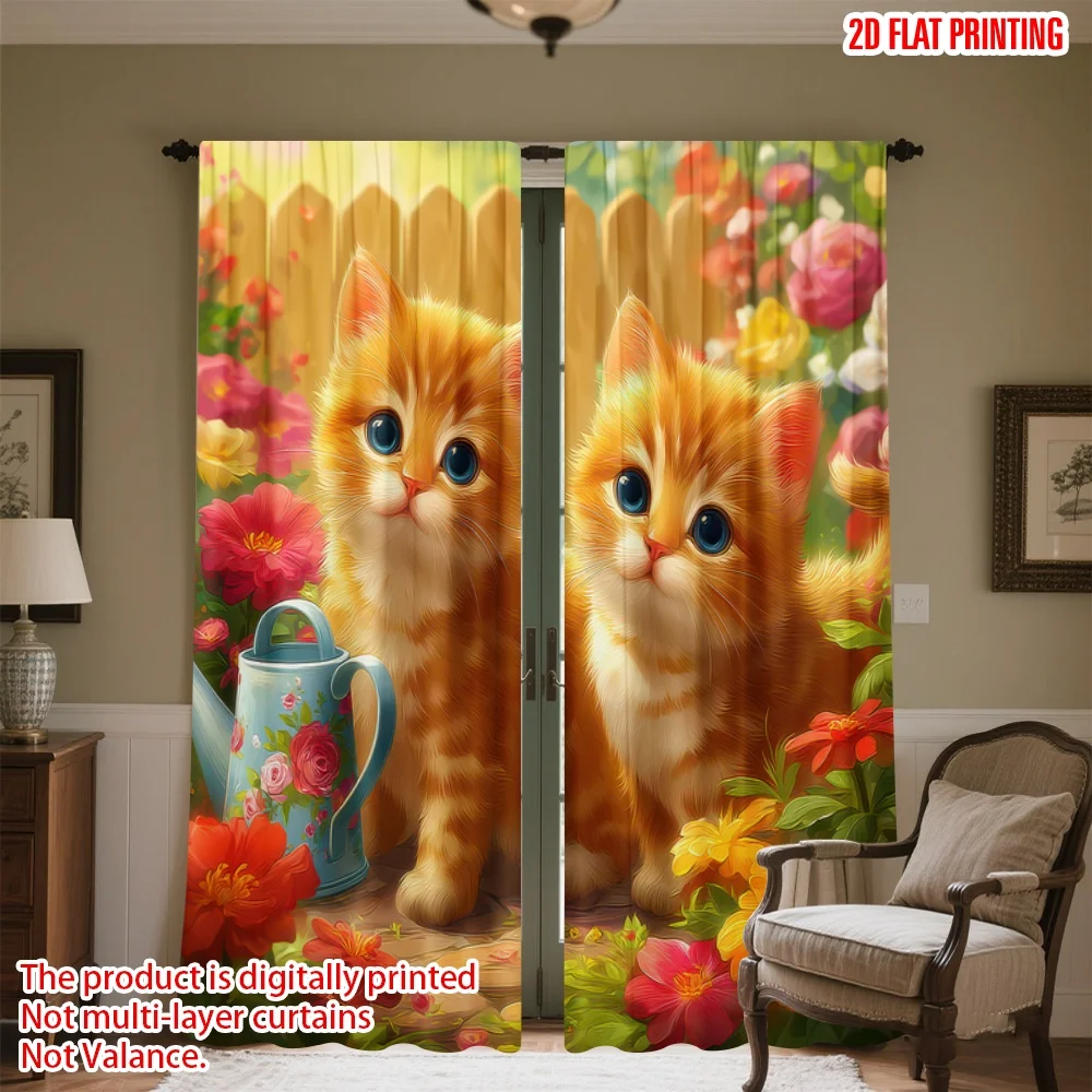 

2D flat printing 2pcs Curtains Spring Kittens in Garden Digital Printed Polyester Drapes Festive Holiday Perfect for Holiday