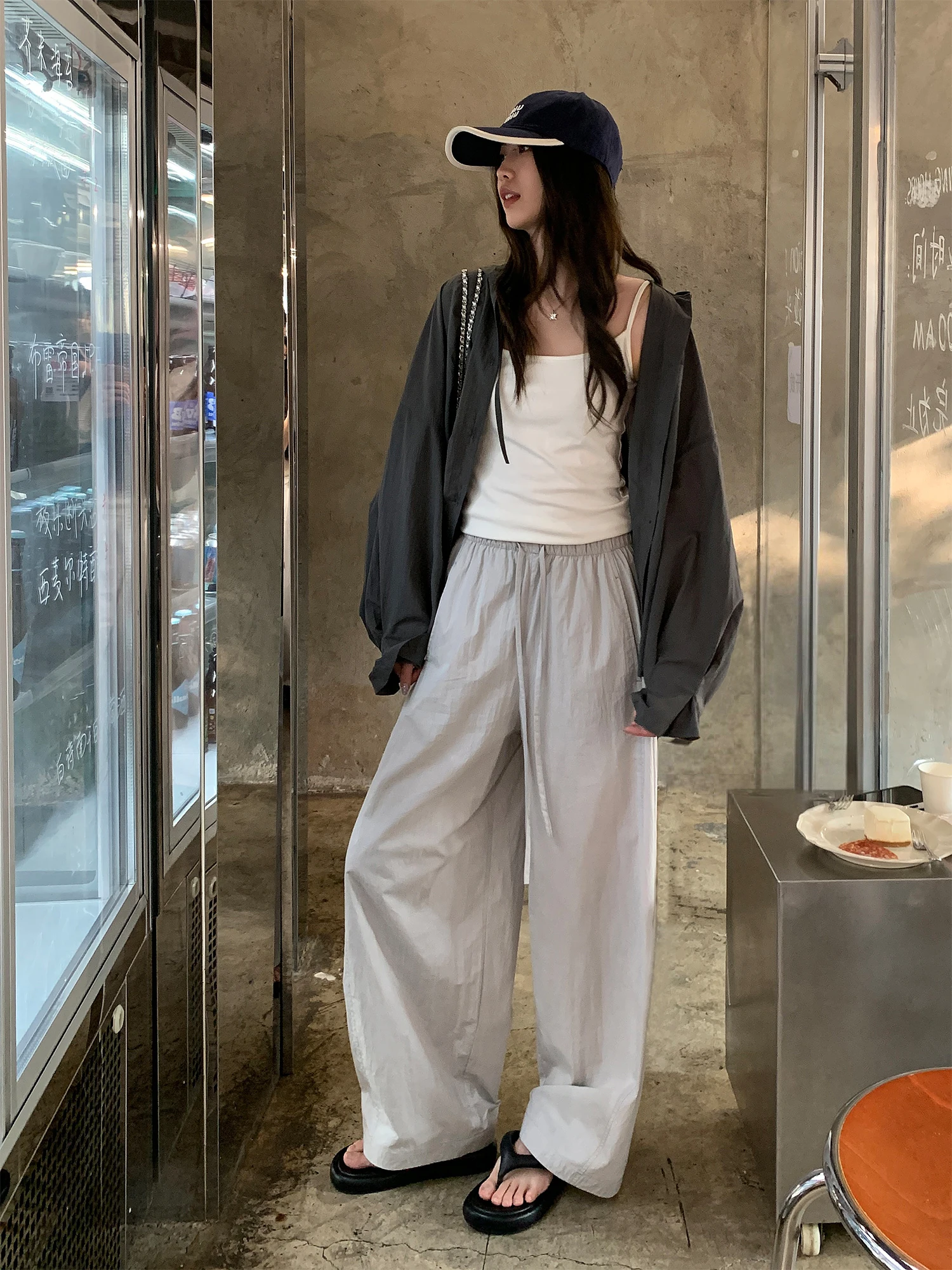 

Qui Dry Lightweight Breathable Wide Leg Pants Dstring Paratrooper Pants ey Thin Straight Casual Pants Women's High Wai...