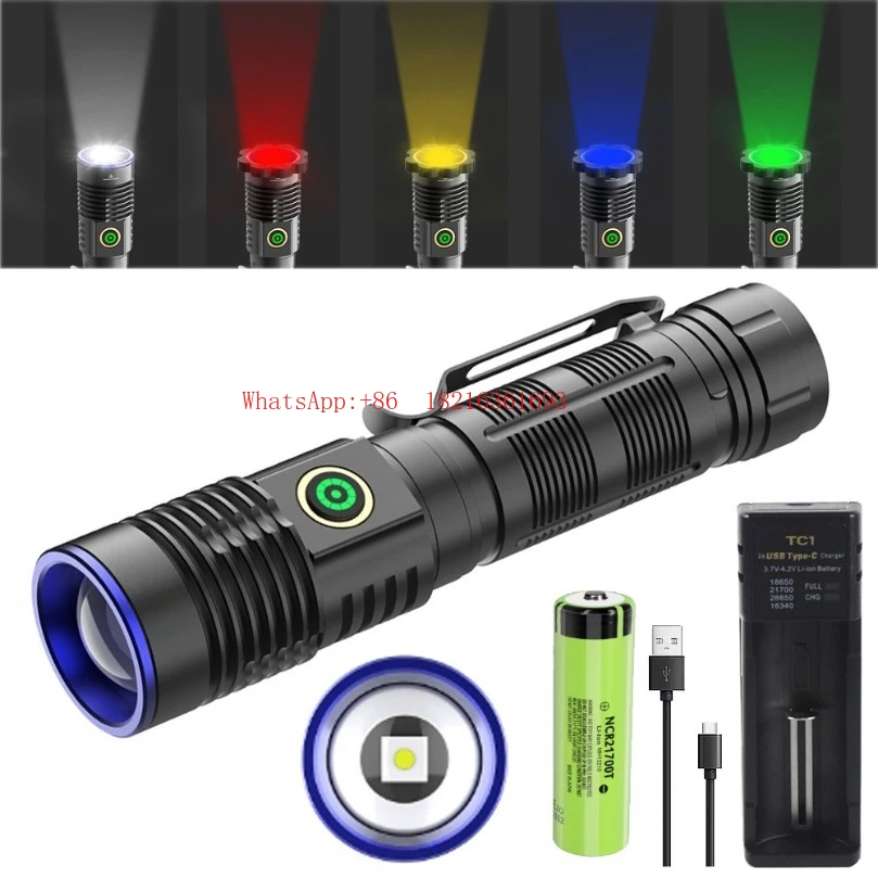 

30 Вт мощный фонарик USB с двусторонней зарядкой и зумом, дистанционный светодиодный пятицветный источник света