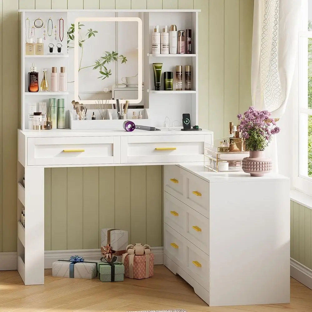 Lighted Makeup Vanity Table with Power Outlet, Storage Shelves, Drawer, and Leg Storage, White view 2