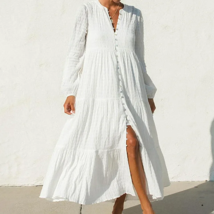 2025 nuevo vestido Casual plisado de algodón francés para mujer, cárdigan de manga larga con cuello redondo, vestido largo blanco, vestidos bohemios para vacaciones en la playa