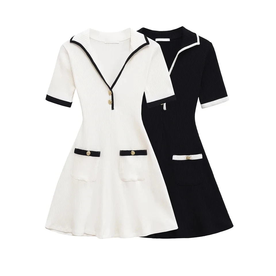 

2025 New V Neck Short Sleeve Metal Buttons Decoration Pocket Ribbed Dress Women White Black Dark Brown Short Skirt