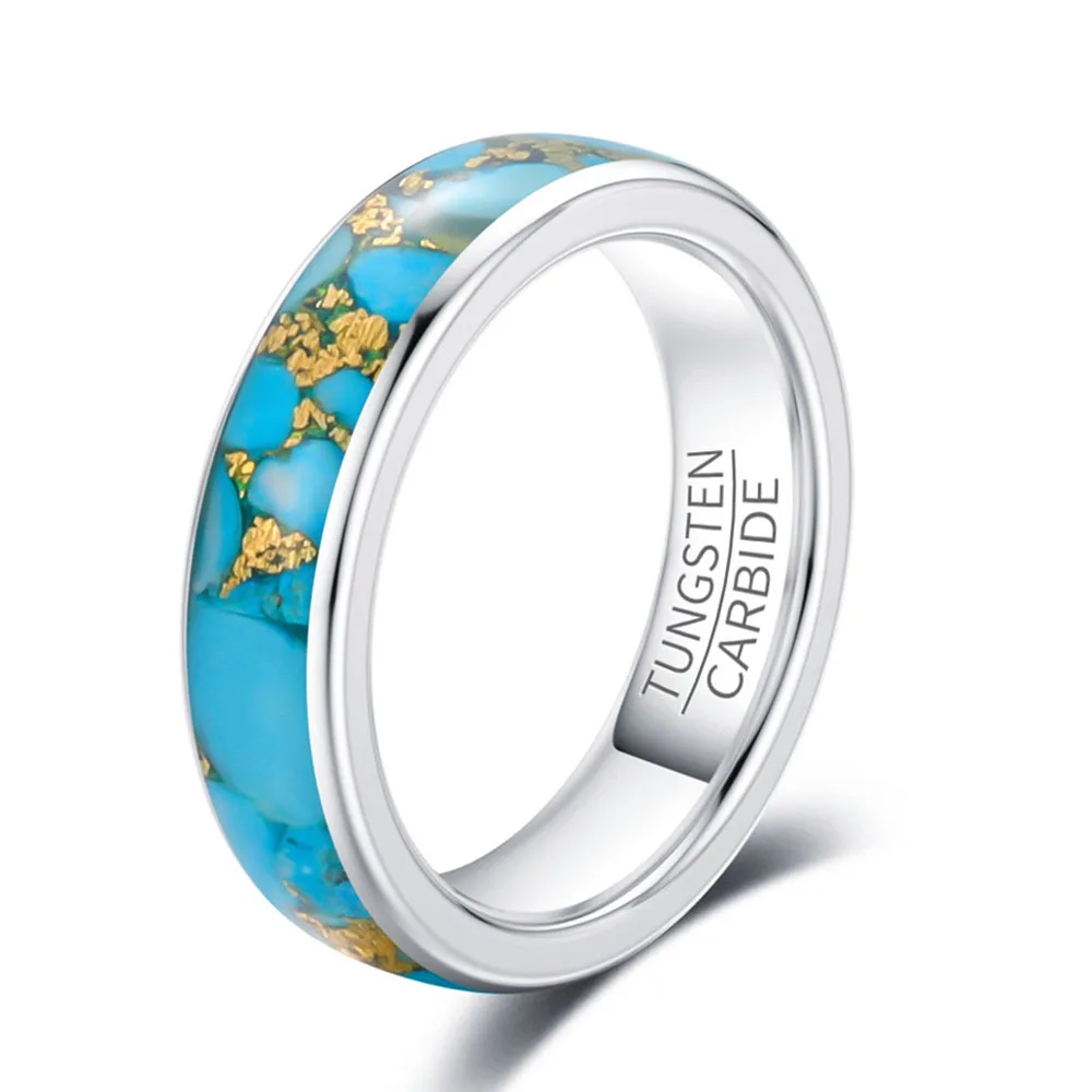 6mm Wide Inlaid Golds Foil Tungsten Steel Ring High-end Turquoise Pattern Men And Women Jewelry Proposal Rings