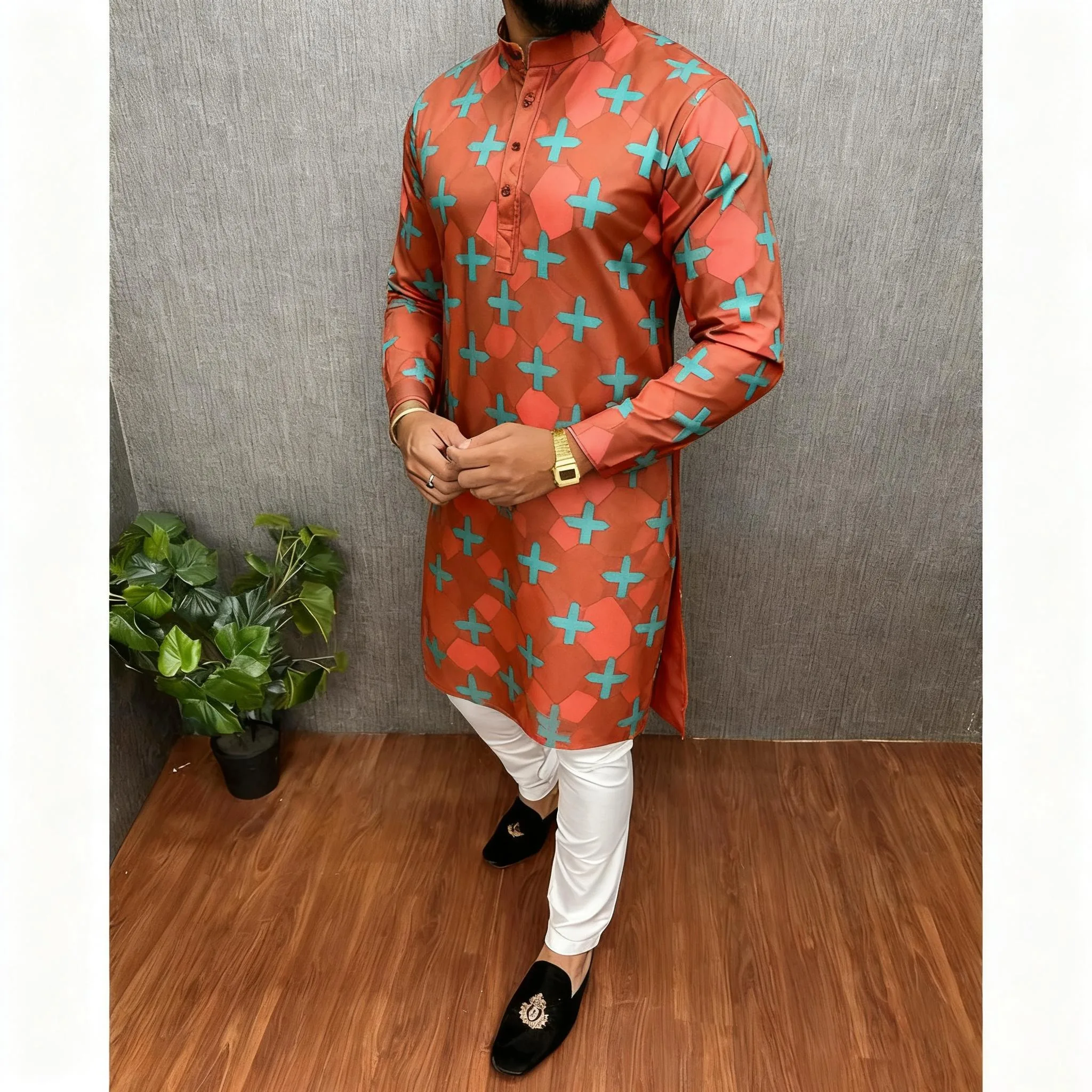 Stile nazionale Uomo Stampato digitale Kurta Vardha Regular Mandarin Lungo Adatto Gandoura Homme Marocaine Khamiis Uomini musulmani