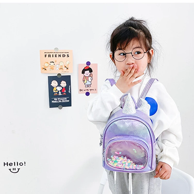 Mochila escolar con lentejuelas para niños, bolsa de libros con diseño de unicornio bonito, transparente, para guardería