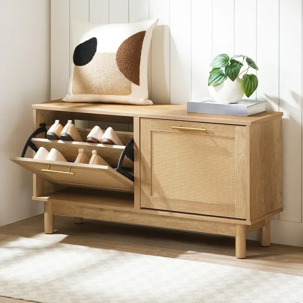 HOOBRO Rattan-Like Shoe Bench Entryway Bench with Storage Shoe Rack Bench 2 Flip Drawers Shoe Cabinet Wooden Solid Legs