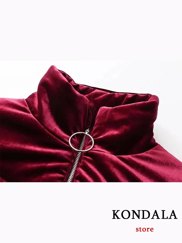 KONDALA Vintage Casual Women Jackets Solid O Neck Zipper Pocket Velvet Coats New Fashion 2023 Autumn Winter Thick Warm Outwears