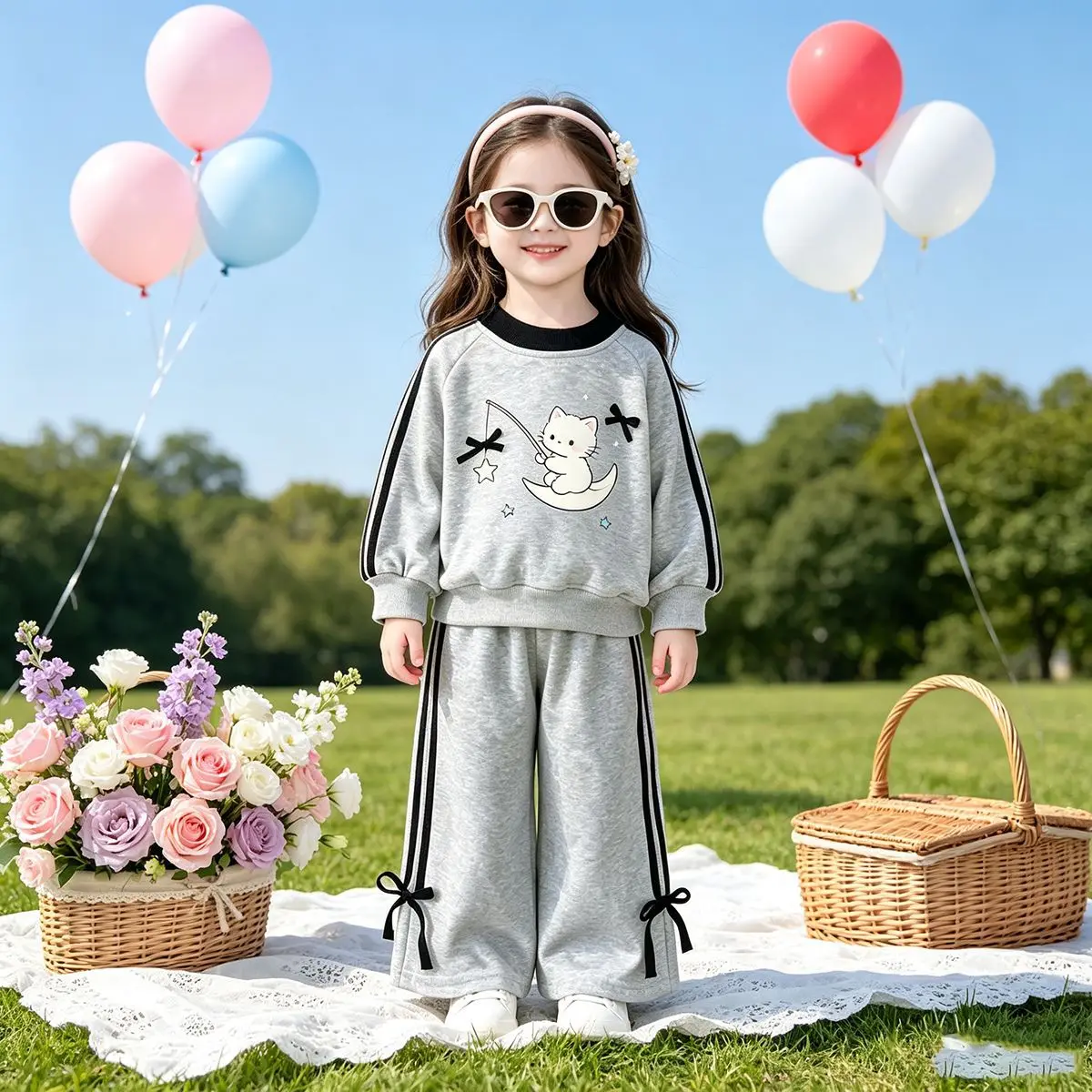 Mädchen-Sweatshirt mit Schleifendetail und Cartoon-Katze & Weite Hose – Süßes 2-teiliges Herbst-Set für Babys – Detail 2