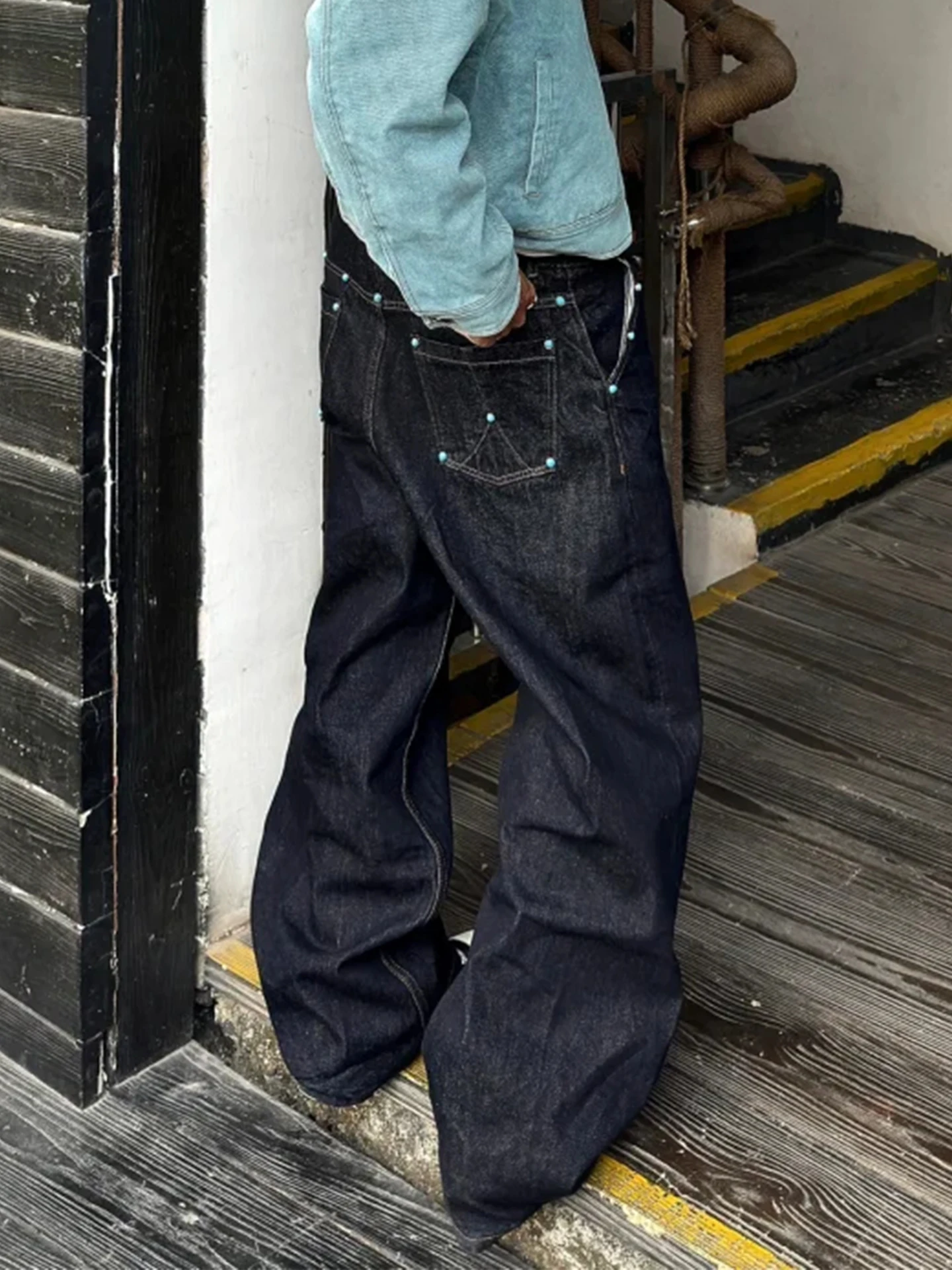 

Original Color Denim Wide Leg Jeans Men Women Sle American Retro Clean Fit Loose Straight Cut Trousers Stone Knife Pattern