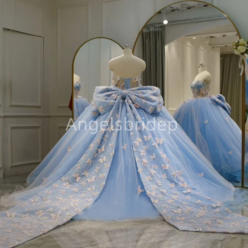 Angelsbridep Customized Sky Blue Ball Gown Quinnceanera Dresses 3D Butterfly Bow Evening Party Vestidos De 15 Años Quinceañeras